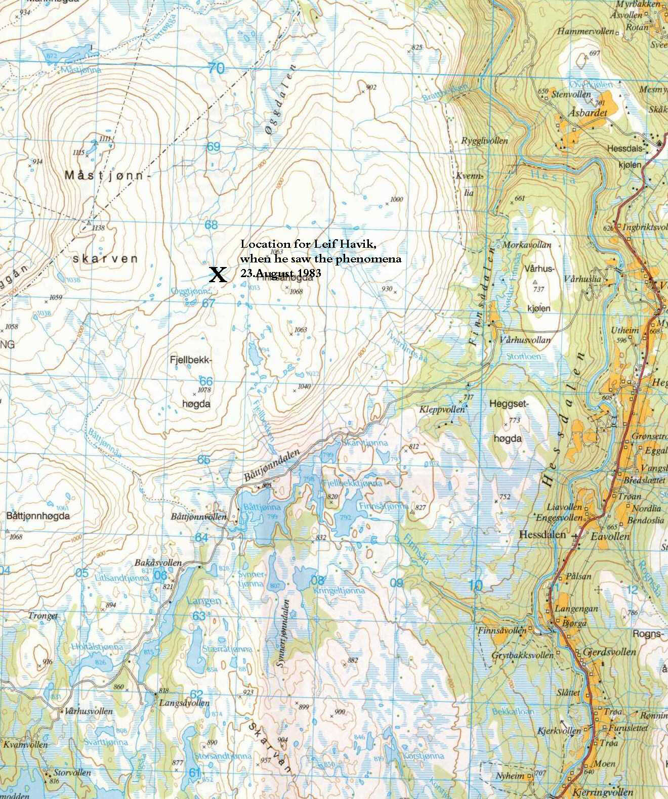 Kart som viser hvor Leif Havik var da han gjorde observasjonen den 23 August 1983