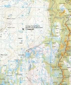 Kart som viser hvor Leif Havik var da han fikk observasjonen den 23 August 1983